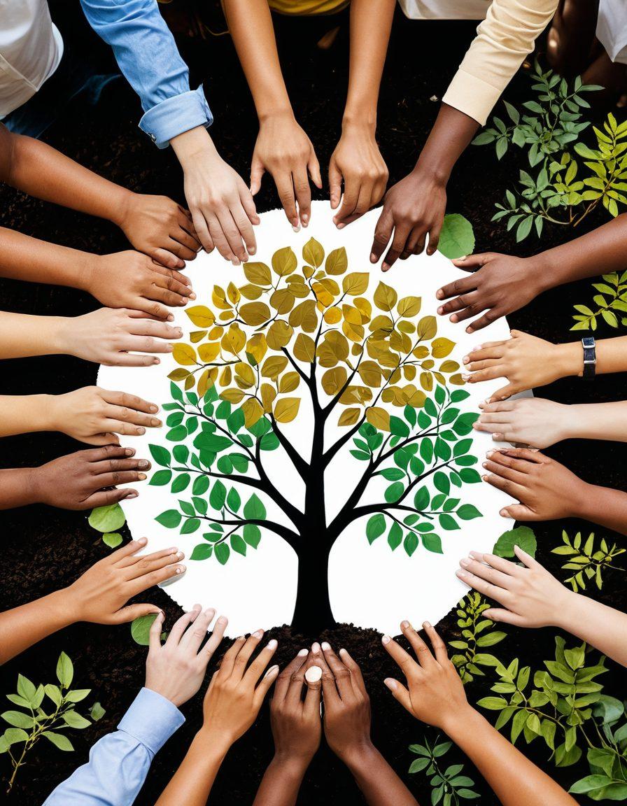 A vibrant collage showcasing people from diverse backgrounds engaging in community activities, with elements representing funding and sponsorship such as golden coins and a growing tree. Incorporate symbols of collaboration, like hands joining together, and a glowing lightbulb symbolizing innovative ideas. The image should convey a sense of hope and empowerment, reflecting the impact of strategic sponsorship on communities. super-realistic. vibrant colors. dynamic composition.