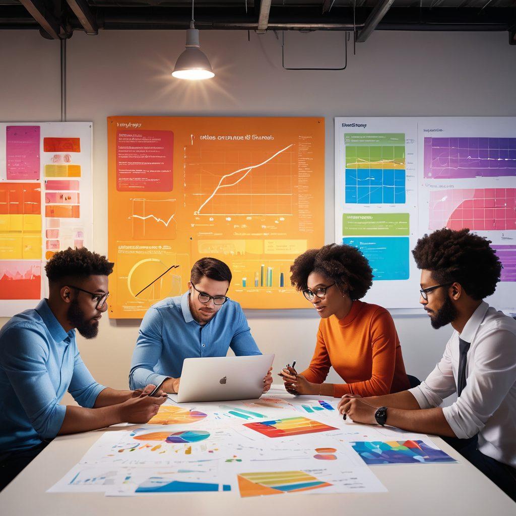 A vibrant, dynamic scene showcasing diverse individuals brainstorming together in a modern workspace, surrounded by colorful charts and digital devices representing collaboration. The atmosphere is lively with light bulbs symbolizing ideas and growth overhead. The setting reflects a harmonious blend of technology and creativity, illustrating successful partnerships in content creation. super-realistic. vibrant colors. 3D.